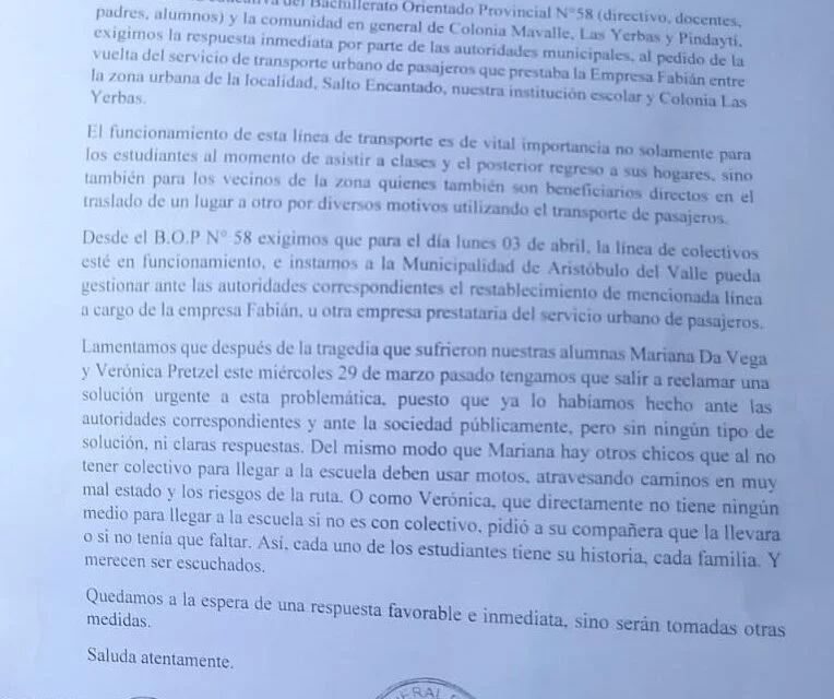 “EXIGIMOS QUE EL DÍA LUNES LA LÍNEA DE COLECTIVOS ESTÉ EN FUNCIONAMIENTO”