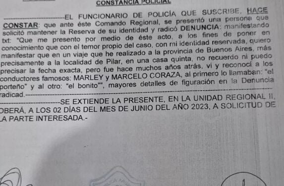 SUPUESTA VÍCTIMA DE ABUSO SEXUAL DENUNCIÓ A MARLEY Y A CORAZZA EN OBERÁ